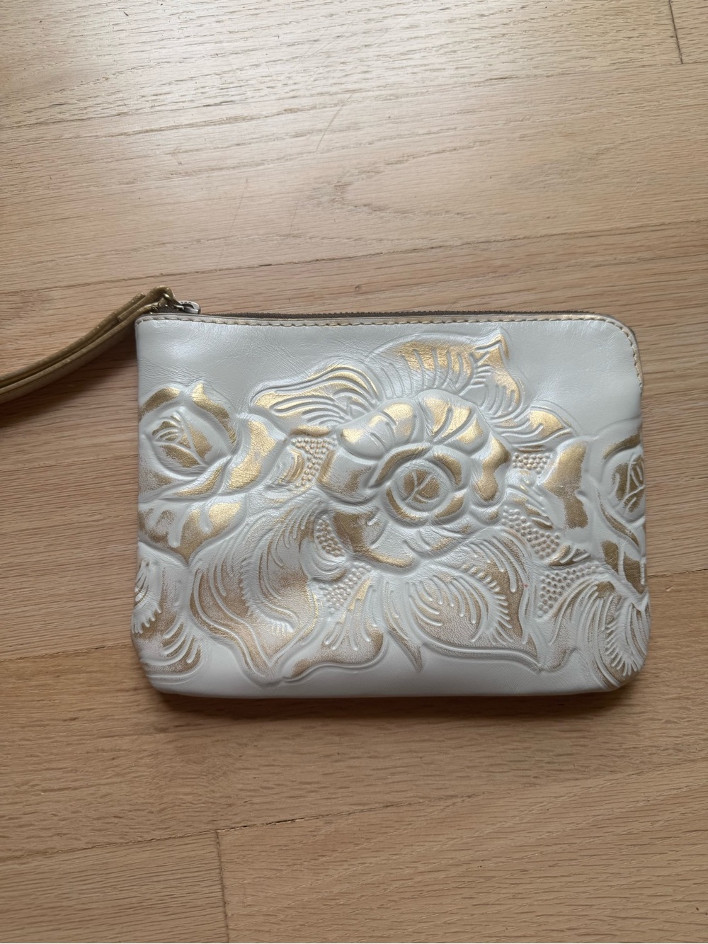 Patricia Nash White Floral Embossed leather Wristlet Clutch with Gold Accents